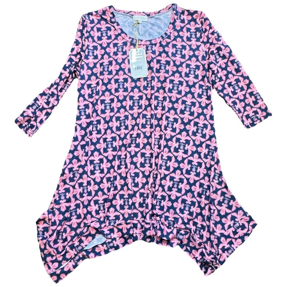 Simply Southern Shift Dress M Pink Blue Damask 3/4 Sleeve Coastal Preppy NWT